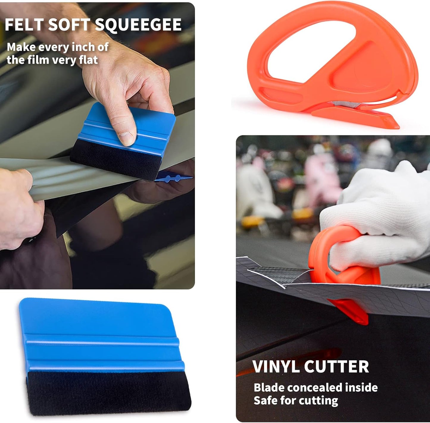 Collage of car wrap tools including a felt soft squeegee and vinyl cutter.
