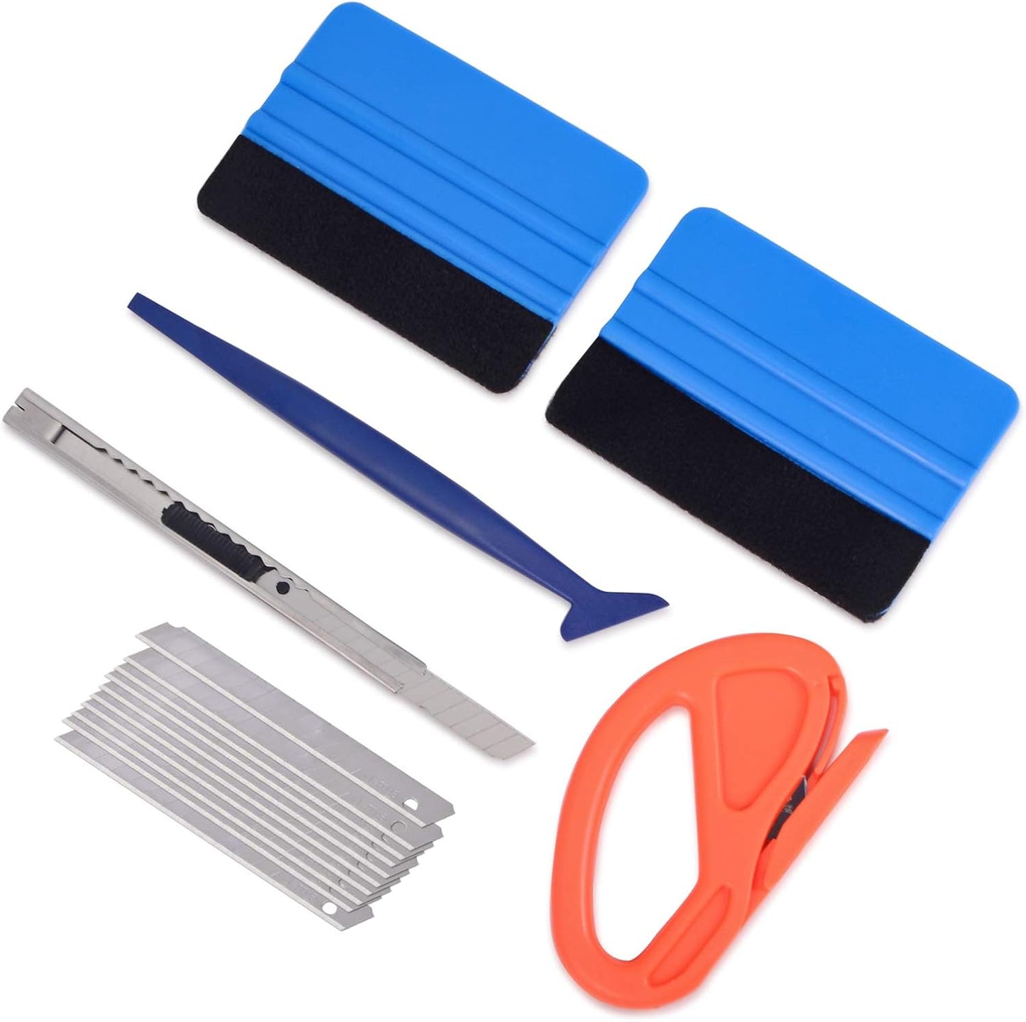 Set of car window cleaning tools including squeegees and a razor blade on a white background