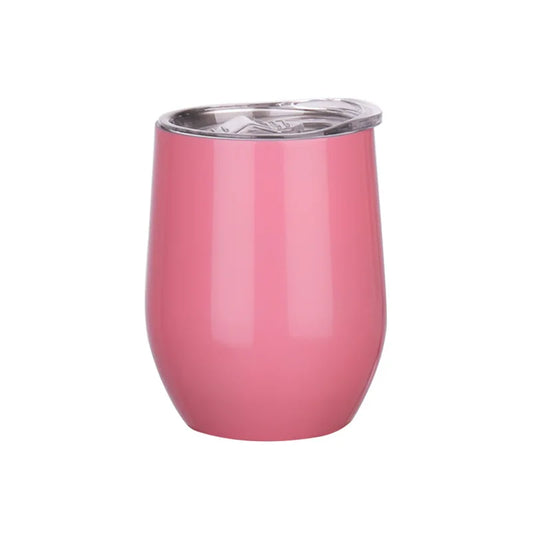 Pink insulated tumbler with a silver lid on a white background