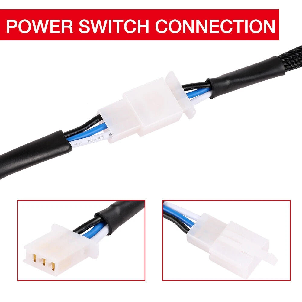 Power switch connection with black and blue wires on a white background