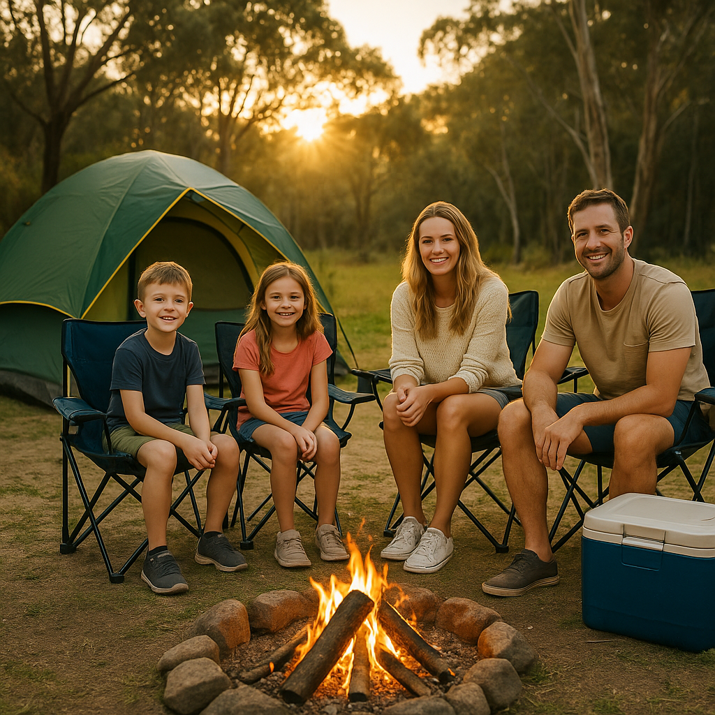 Australian family camping with tent and chairs at campsite