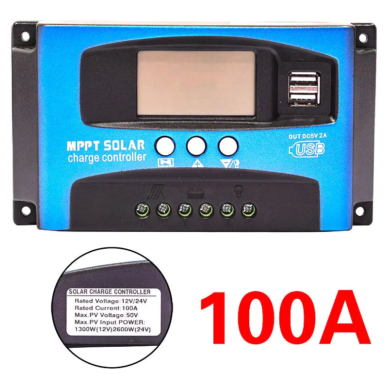 MPPT solar charge controller with USB port and labeled specifications on a white background