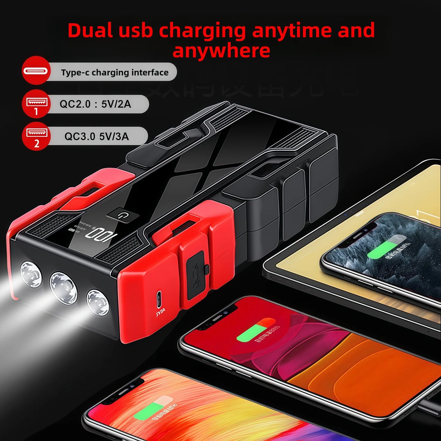 Portable power bank with dual USB charging capability and flashlight feature, displayed with smartphones.