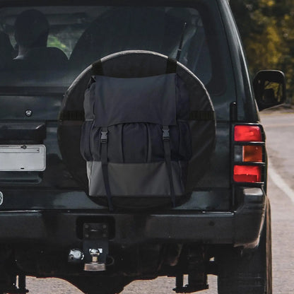 Black and gray backpack on the back of a black SUV