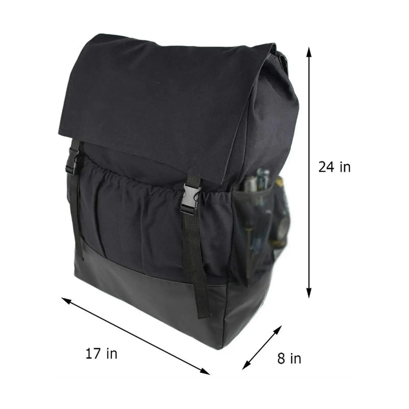 Black backpack with measurements indicated on a white background