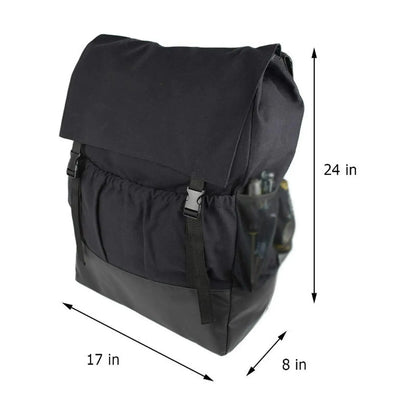 Black backpack with measurements indicated on a white background
