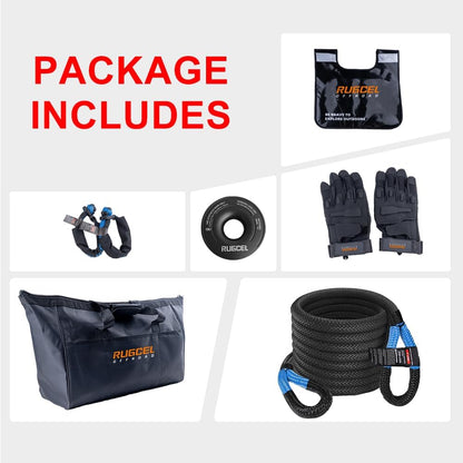 RUGCEL Kinetic Recovery Rope kit (30,360 lbs) Heavy-Duty Gloves, Soft Shackle, Snatch Block, Suitable for ATV, UTV Trucks,Car