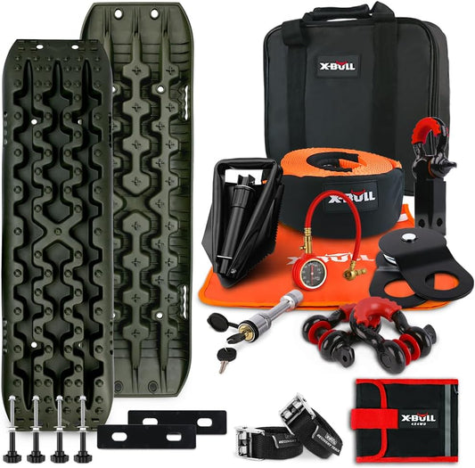 X-Bull Recovery Tracks and Winch Accessories Kit 15Pcs 4x4 Off-Road Recovery Kit for Recover Automotive Stuck in Mud/Snow/Sand Olive Green