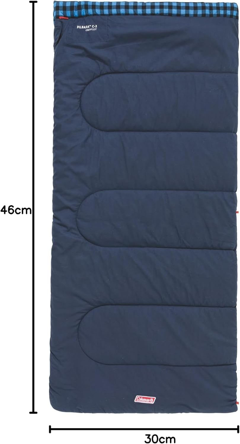 Coleman Pilbara Sleeping Bag | 225x100cm, All Weather, Polyester Fill with Extra Heat Retention, Cotton Lining & Shell, Compression Sack, Interior Pocket, Foot Zip for Temp Adjustment