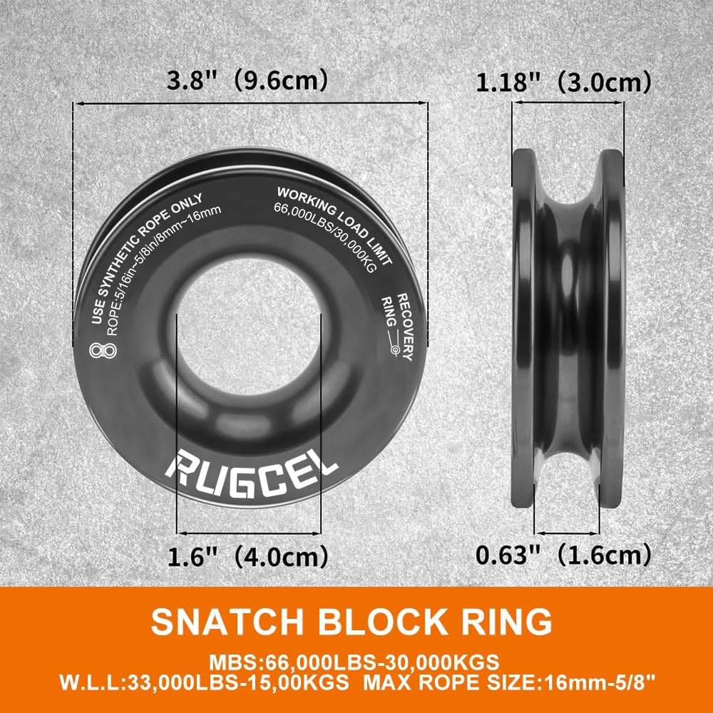 RUGCEL Kinetic Recovery Rope kit (30,360 lbs) Heavy-Duty Gloves, Soft Shackle, Snatch Block, Suitable for ATV, UTV Trucks,Car
