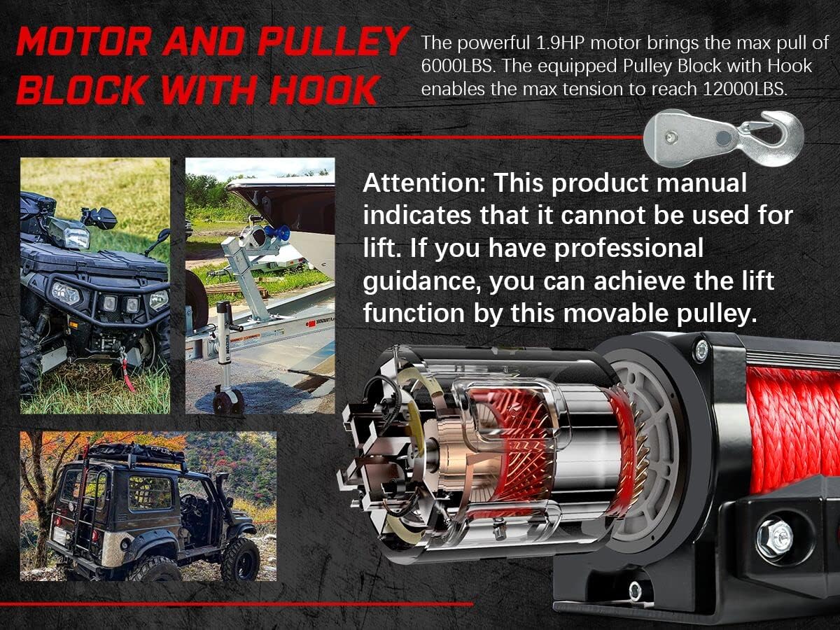 Xbull X-Bull Boat ATV Winch 6000LBS/2721KG Pulley Block with Hook 12V Electric Synthetic Rope 6.3mm x 16.8m Wireless Remote UTV Car 4x4 4wd Automotive Accessories