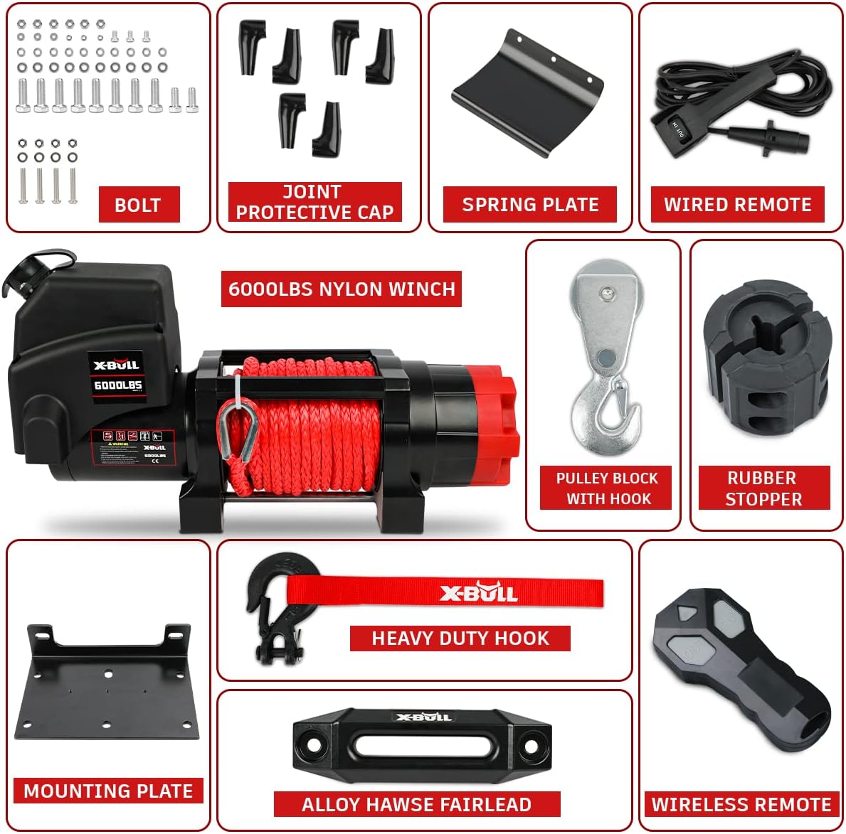 Xbull X-Bull Boat ATV Winch 6000LBS/2721KG Pulley Block with Hook 12V Electric Synthetic Rope 6.3mm x 16.8m Wireless Remote UTV Car 4x4 4wd Automotive Accessories