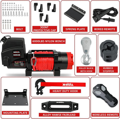 Xbull X-Bull Boat ATV Winch 6000LBS/2721KG Pulley Block with Hook 12V Electric Synthetic Rope 6.3mm x 16.8m Wireless Remote UTV Car 4x4 4wd Automotive Accessories