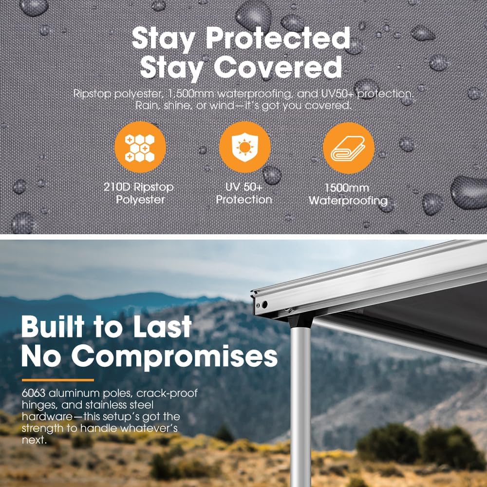 San Hima Car Side Awning 1.4x2m, EZ Setup 210D Waterproof UV Protection 2.8mÂ² Camping Car Shade, Universal Design for UTE, Van, SUV, 4x4