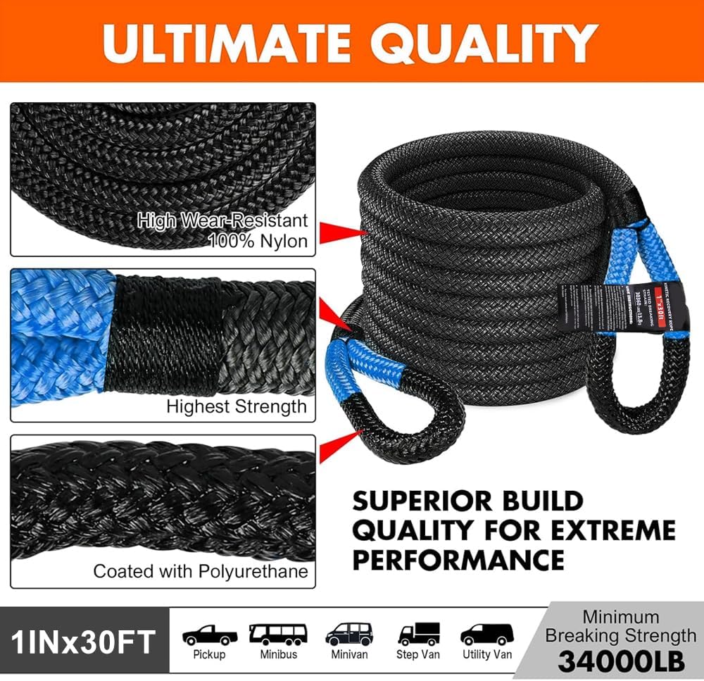 RUGCEL Kinetic Recovery Rope kit (30,360 lbs) Heavy-Duty Gloves, Soft Shackle, Snatch Block, Suitable for ATV, UTV Trucks,Car
