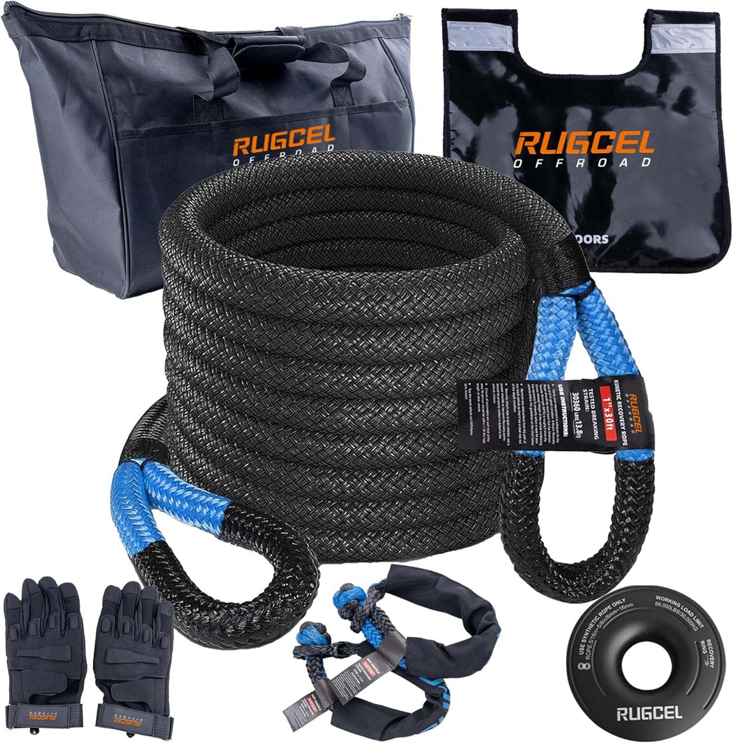 RUGCEL Kinetic Recovery Rope kit (30,360 lbs) Heavy-Duty Gloves, Soft Shackle, Snatch Block, Suitable for ATV, UTV Trucks,Car