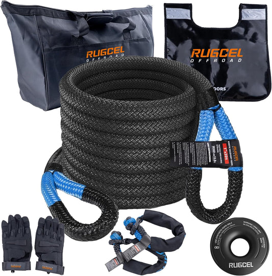 RUGCEL Kinetic Recovery Rope kit (30,360 lbs) Heavy-Duty Gloves, Soft Shackle, Snatch Block, Suitable for ATV, UTV Trucks,Car