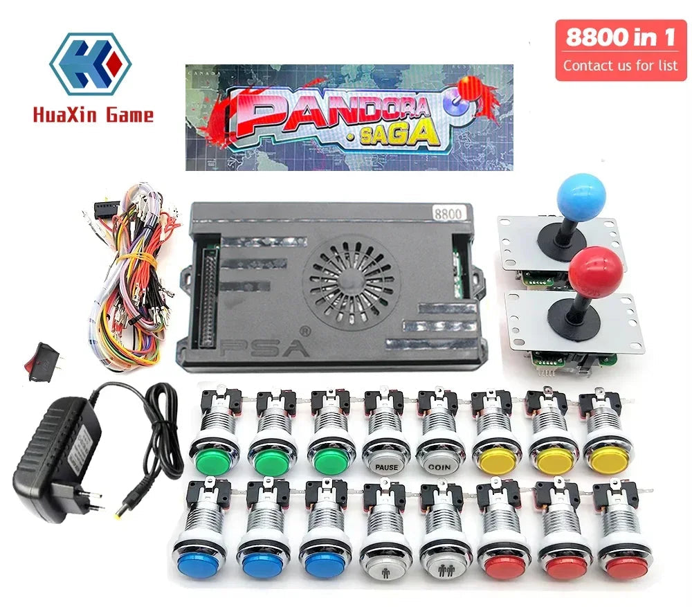 Pandora Box arcade game kit with joystick, buttons, and power supply on a white background.