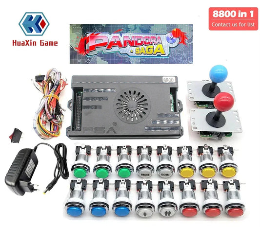 Pandora Box arcade game kit with joystick, buttons, and power supply on a white background.
