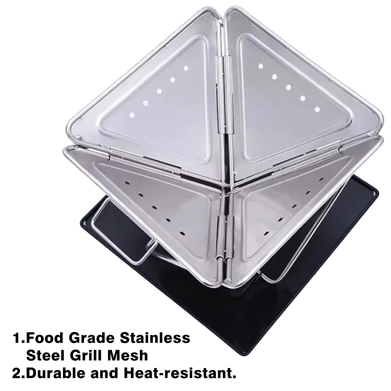 Foldable grill with food grade stainless steel mesh on a white background