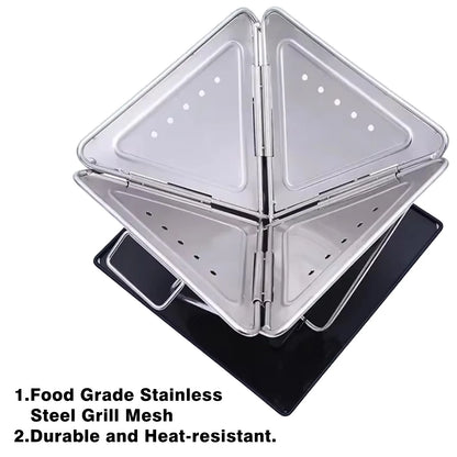 Foldable grill with food grade stainless steel mesh on a white background