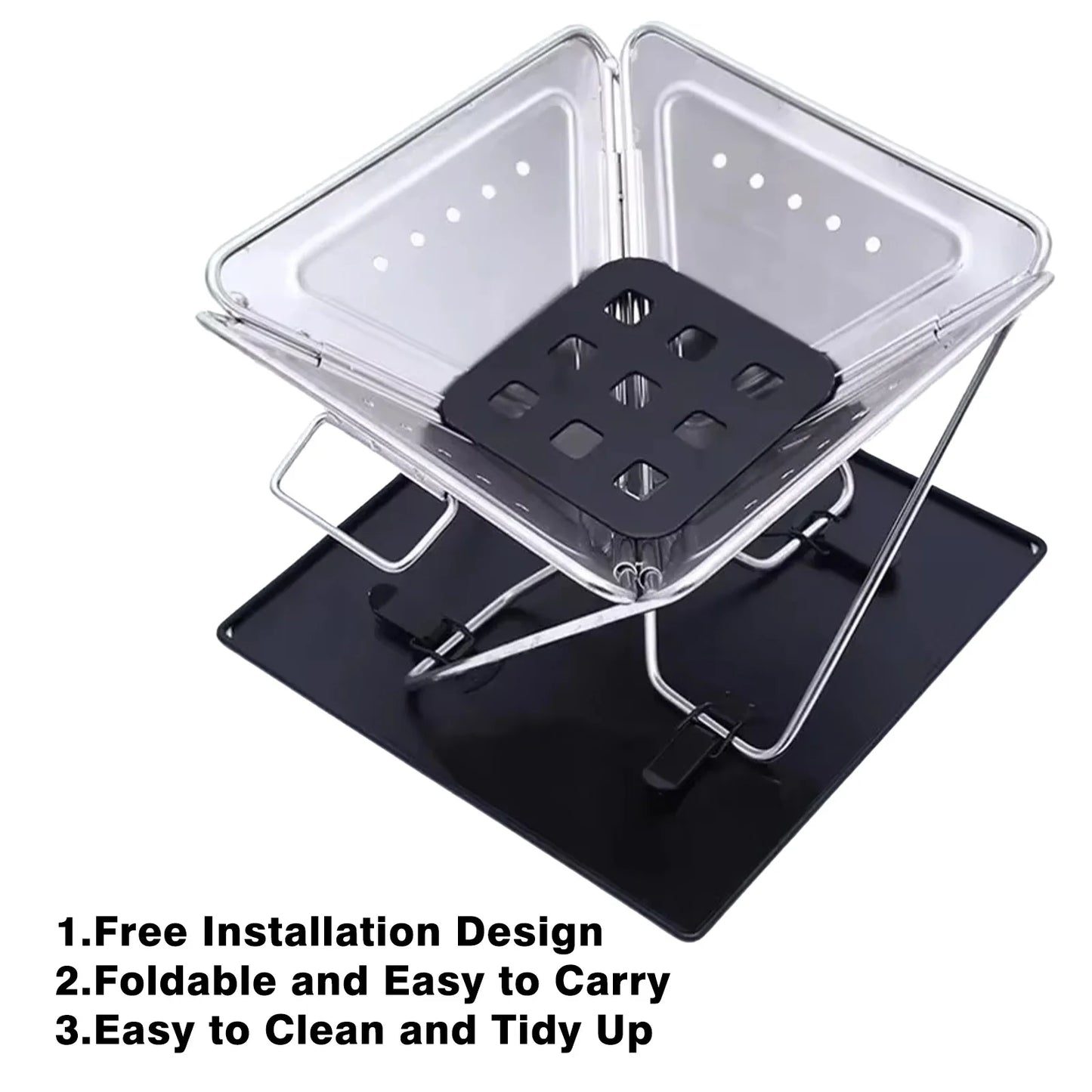 Foldable metal stand with clear plastic cover on a white background