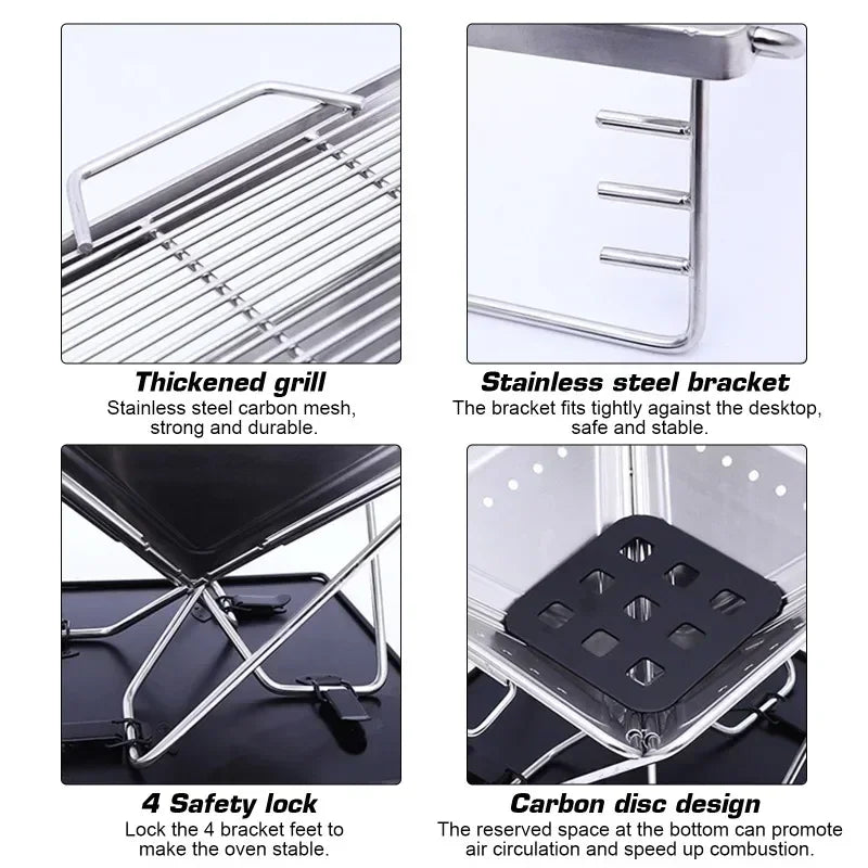 Product features including a thickened grill, stainless steel bracket, safety locks, and carbon disc design.