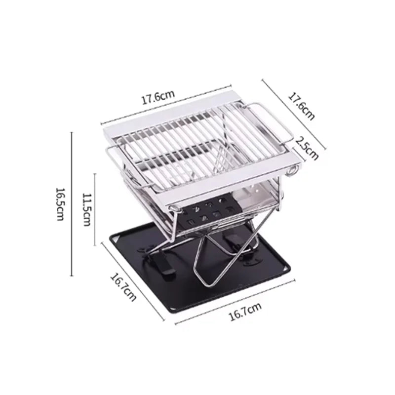 Portable grill with dimensions labeled on a white background
