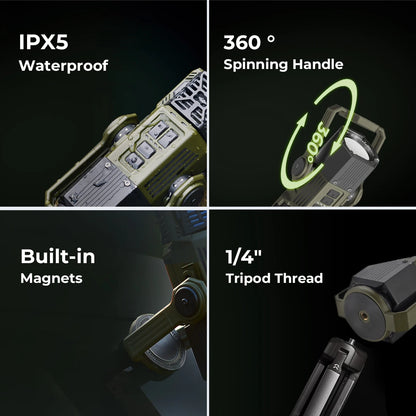 Product features including IPX5 waterproof, 360° spinning handle, built-in magnets, and 1/4" tripod thread on a dark background.