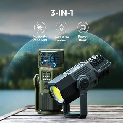 3-in-1 device with mosquito repellent, camping lantern, and power bank functions on a scenic background.