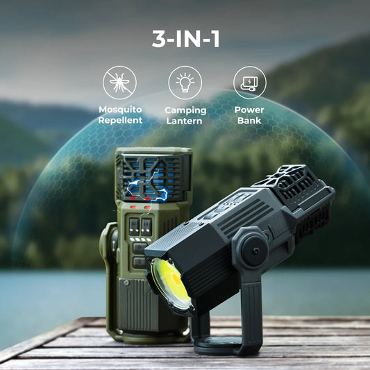 3-in-1 device with mosquito repellent, camping lantern, and power bank functions on a scenic background.