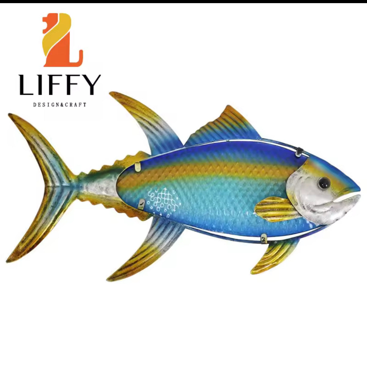 Handcrafted metal fish wall decor with stained glass elements for outdoor beach and poolside spaces.