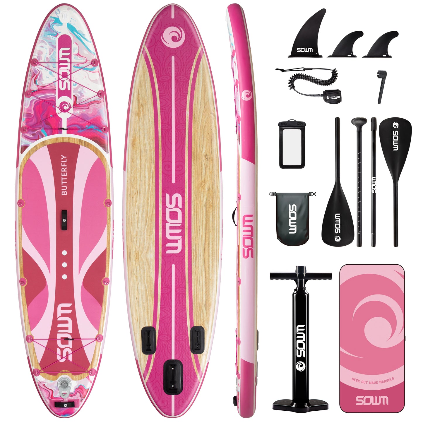 Pink and white SOUL paddle board with accessories on a white background