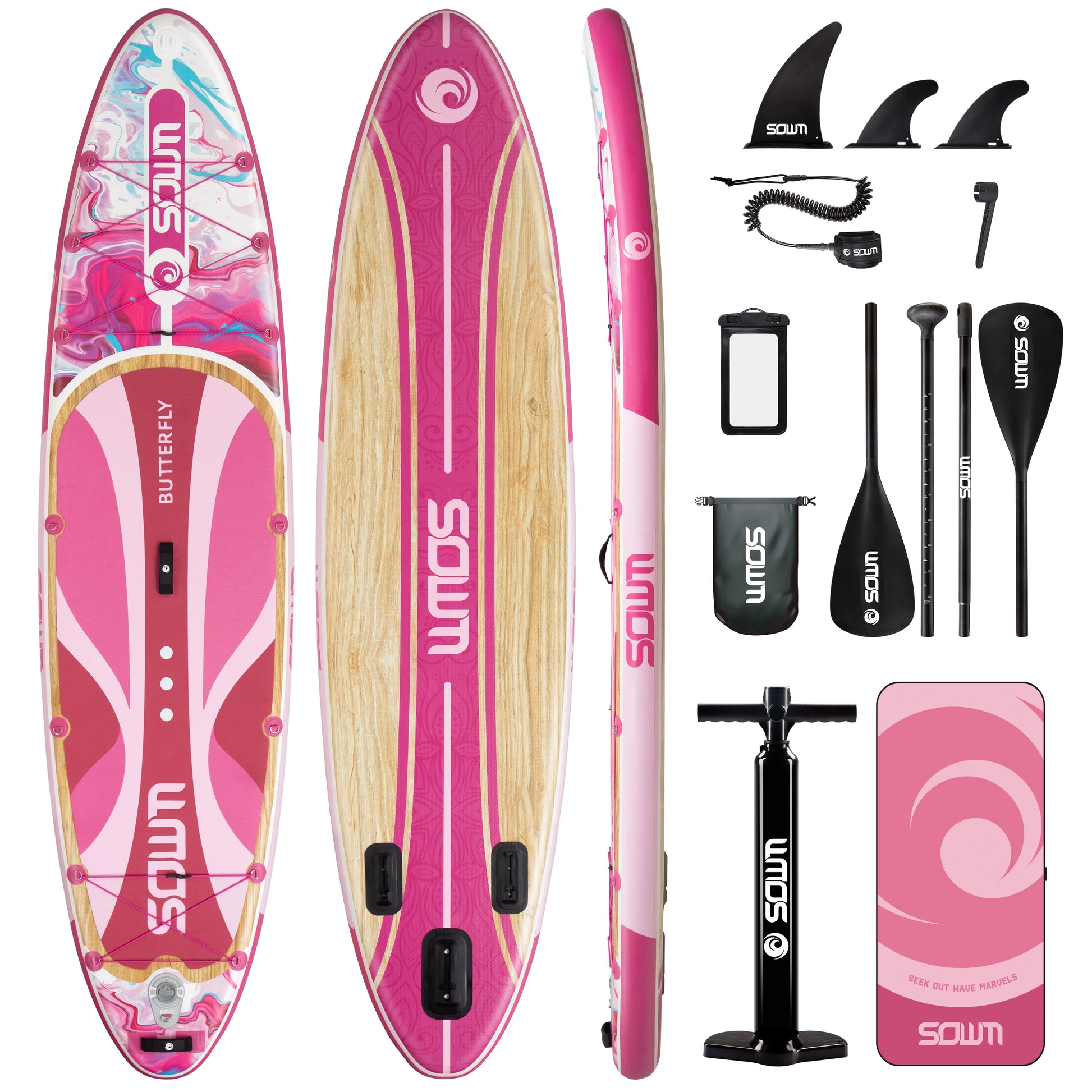 Pink and white SOUL paddle board with accessories on a white background
