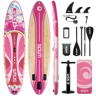 Pink and white SOUL paddle board with accessories on a white background