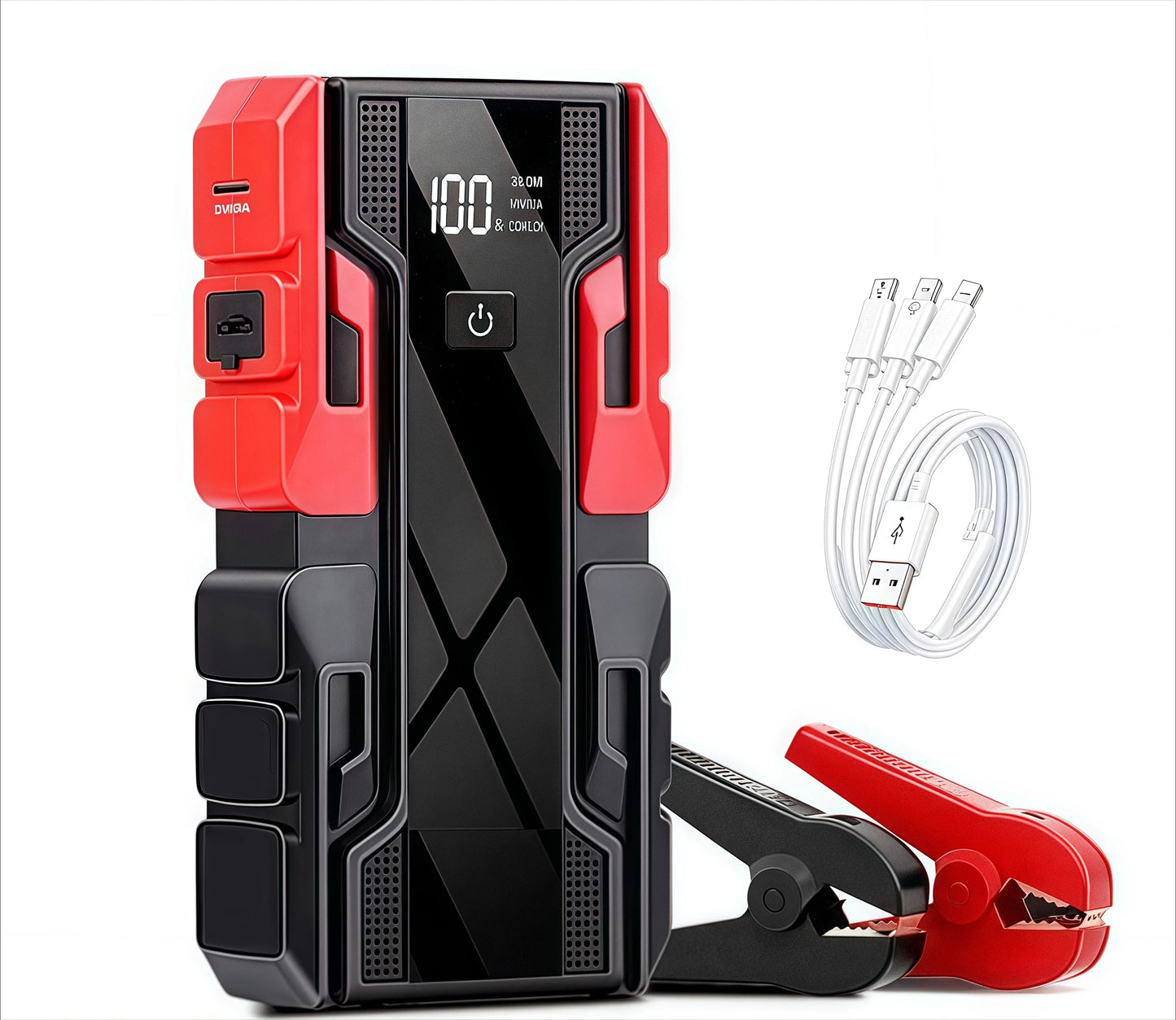 Car jump starter with clamps and cables on a white background