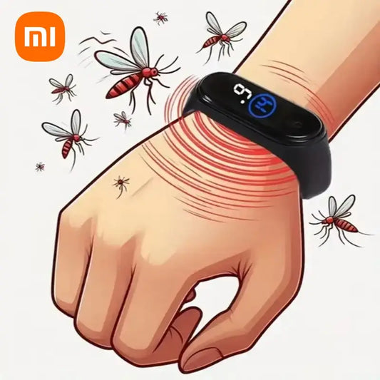Smartwatch with mosquito repellent feature on a hand, surrounded by mosquitoes, with Xiaomi logo.