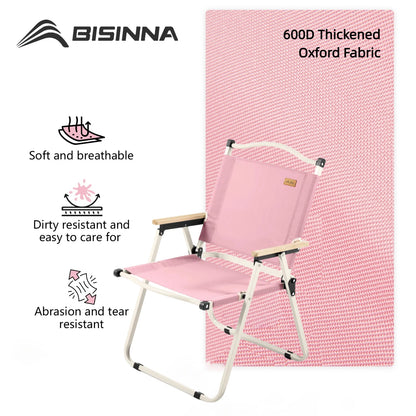 Pink camping chair with features listed on a white background