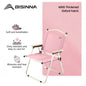 Pink camping chair with features listed on a white background