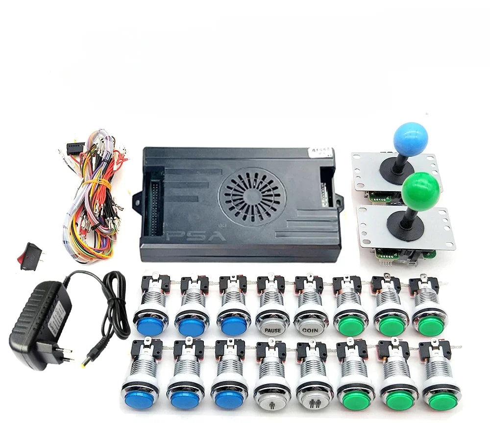 Gaming controller kit with joystick, buttons, and power supply on a white background