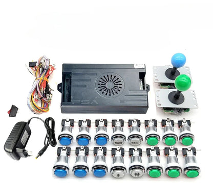 Gaming controller kit with joystick, buttons, and power supply on a white background