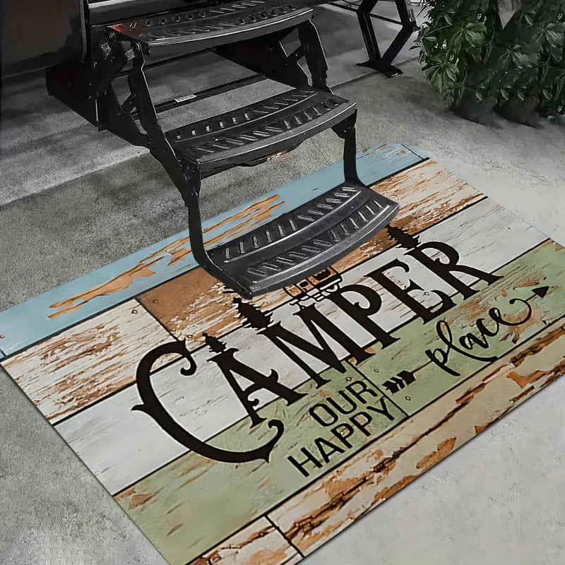 Camper Van Welcome Doormat – Non-Slip Flannel RV Mat with Trees Design