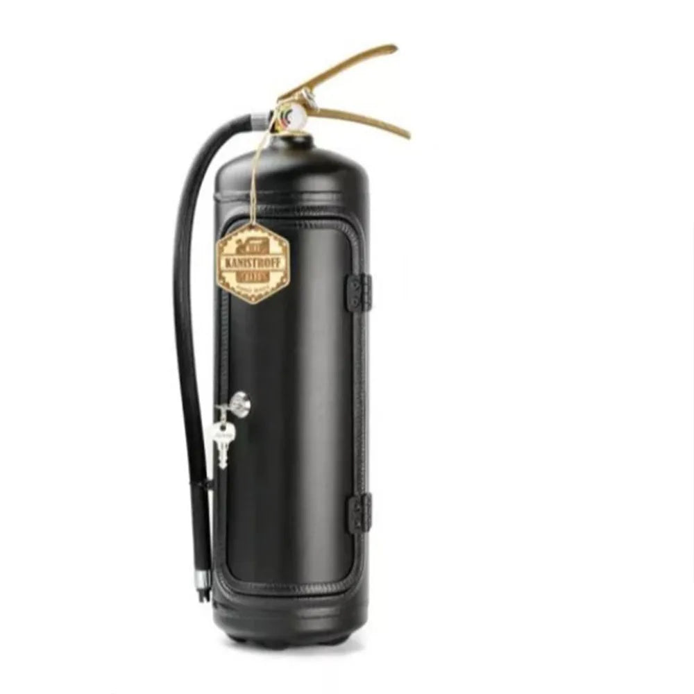 Black vintage-style fire extinguisher with a gold tag on a white background