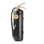 Black vintage-style fire extinguisher with a gold tag on a white background