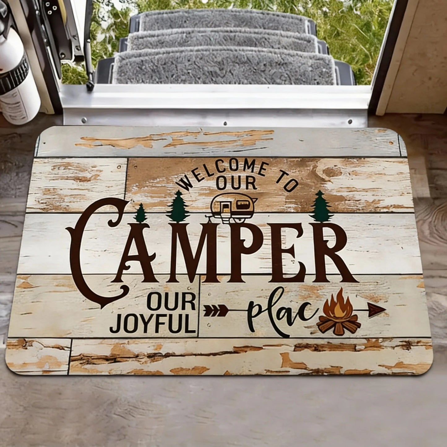 Camper Van Welcome Doormat – Non-Slip Flannel RV Mat with Trees Design
