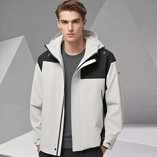 Mens hooded soft shell jacket for outdoor activities, windproof and waterproof, ideal for spring and autumn.