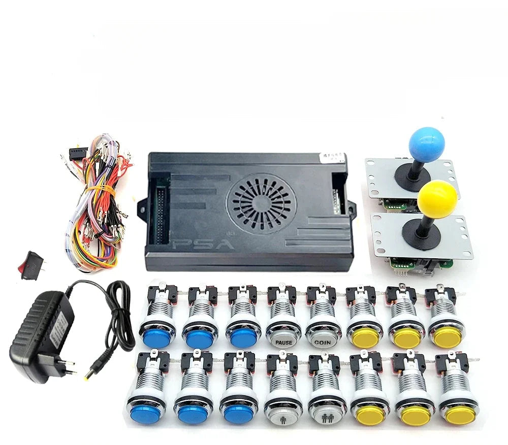 Amusement park ride control panel with joystick, buttons, and power supply on a white background.