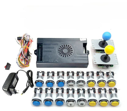 Amusement park ride control panel with joystick, buttons, and power supply on a white background.