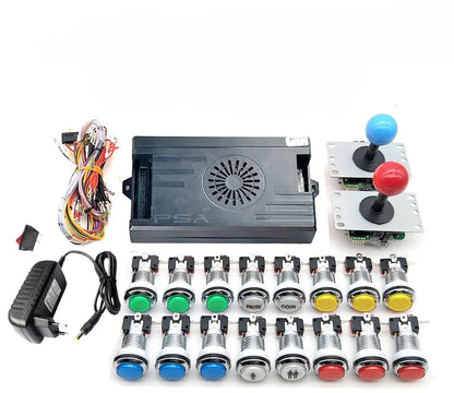 Electronic gaming components including buttons, joystick, and power supply on a white background.
