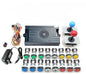 Electronic gaming components including buttons, joystick, and power supply on a white background.